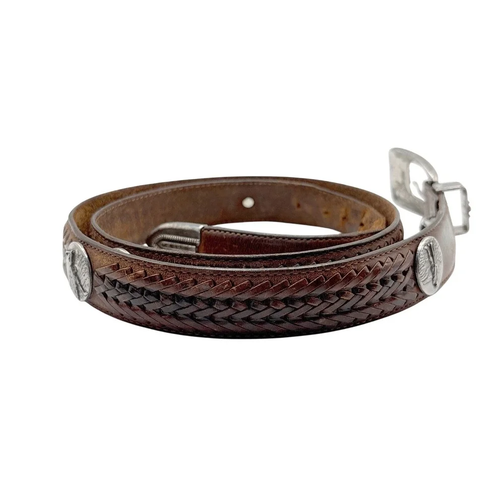 Vintage Onyx by Brighton Leather Belt Mens 42 Brown Golf Concho Braided‎ Western